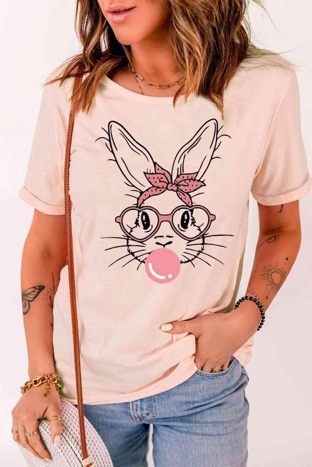 Rabbit Graphic Round Neck Short Sleeve T-Shirt for Women - Selvanelle