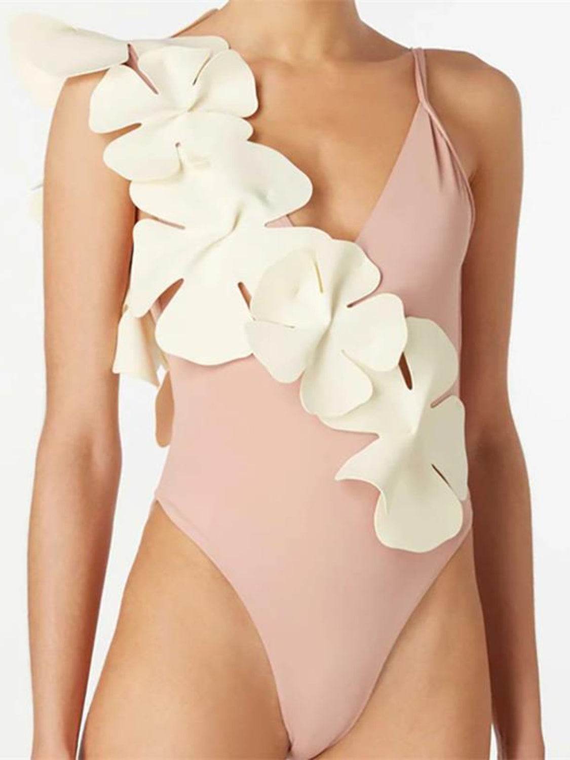 Contrast Flower Spaghetti Strap One-Piece Swimwear - Selvanelle