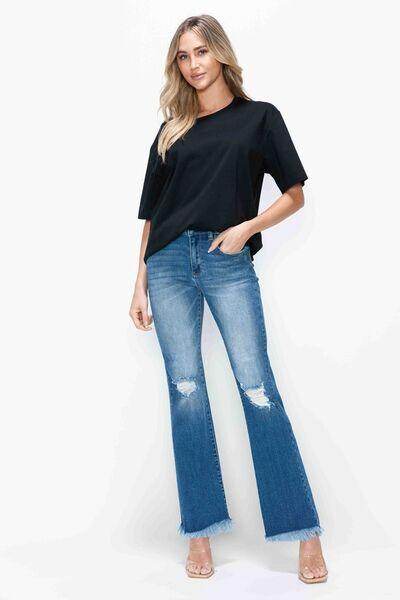 Bytos Full Size Raw Hem Distressed High Rise Bootcut Jeans - Selvanelle