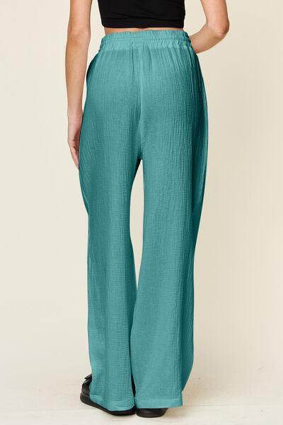 Double Take Full Size Texture Drawstring Wide Leg Pants - Selvanelle