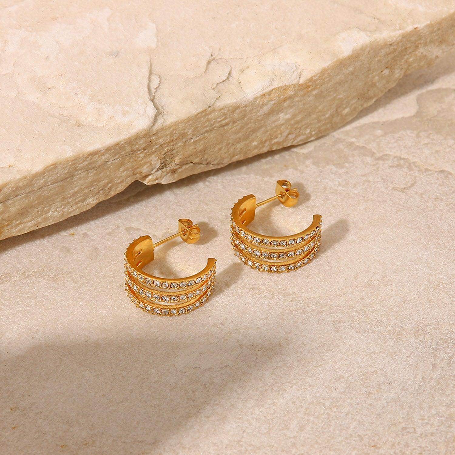 Stainless Steel Inlaid Zircon C-Hoop Earrings for Women - Selvanelle