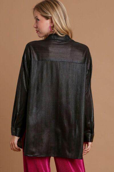 Umgee Side Slit Button Up Long Sleeve Shirt for Women - Selvanelle