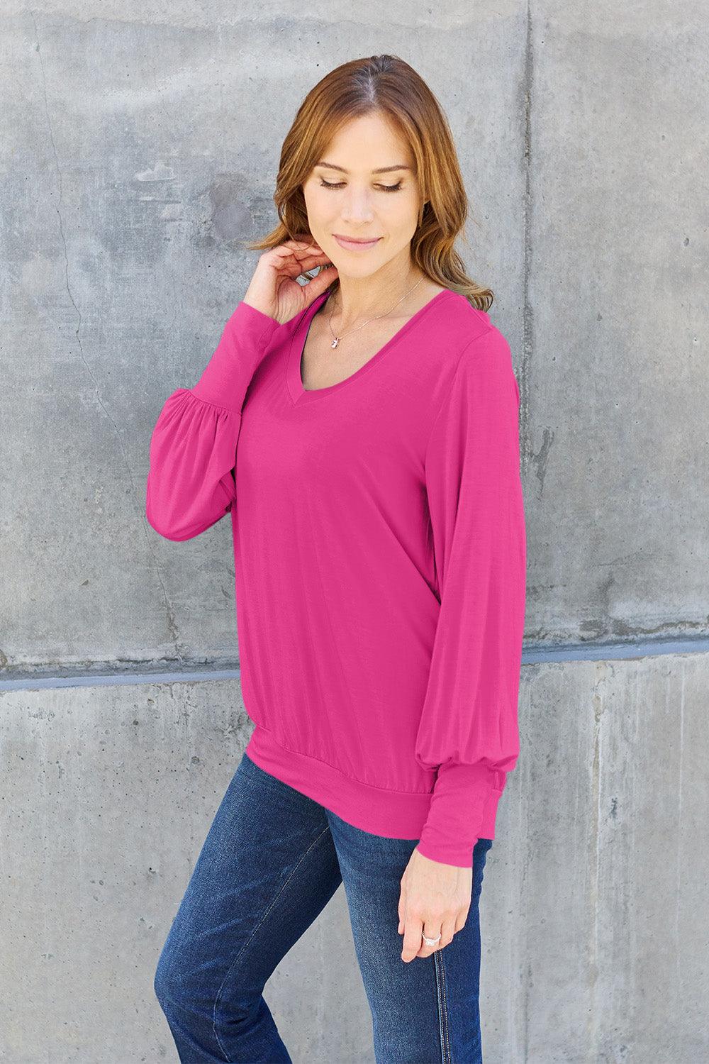 Basic Bae Full Size V-Neck Lantern Sleeve Top for Women