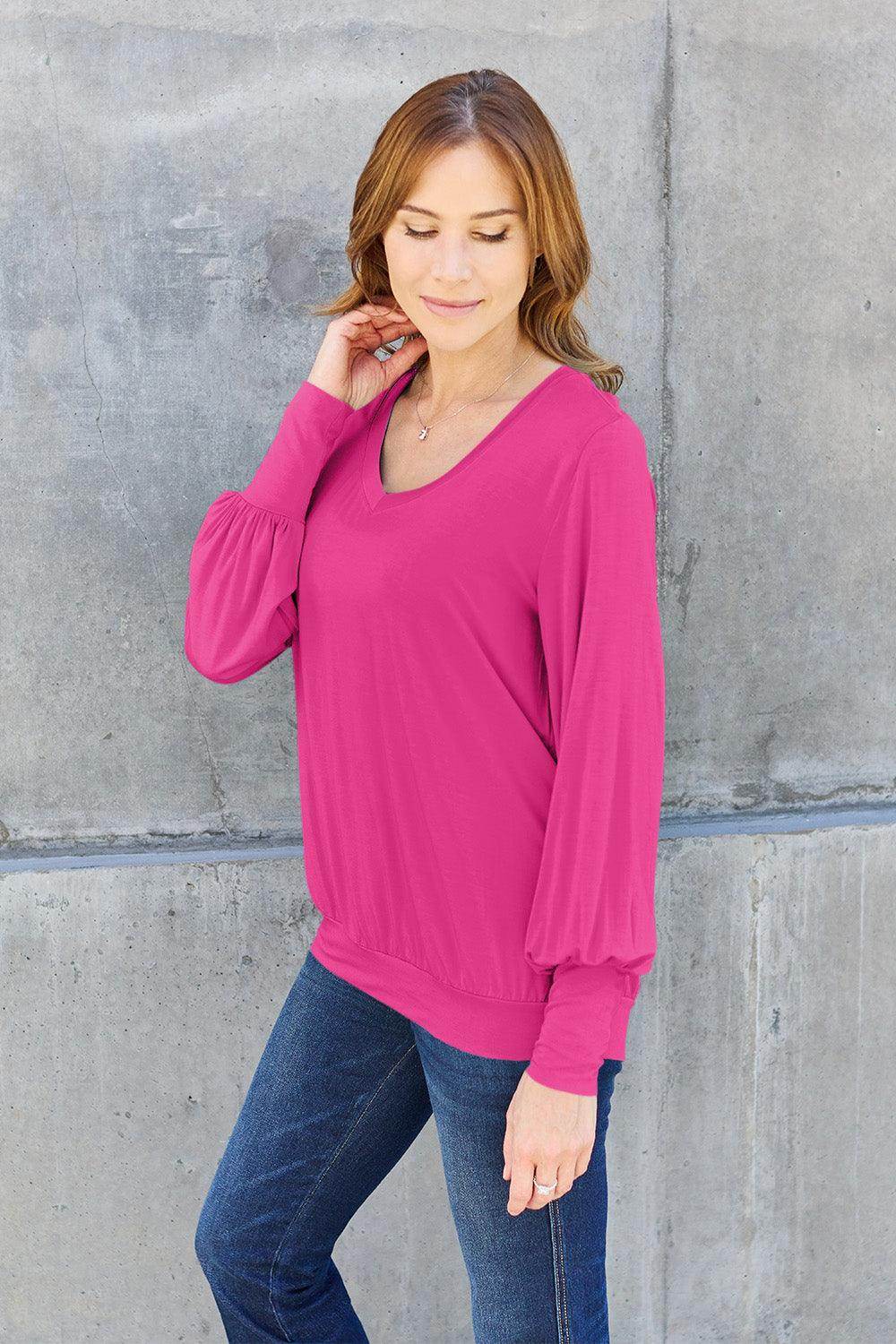 Basic Bae Full Size V-Neck Lantern Sleeve Top for Women - Selvanelle