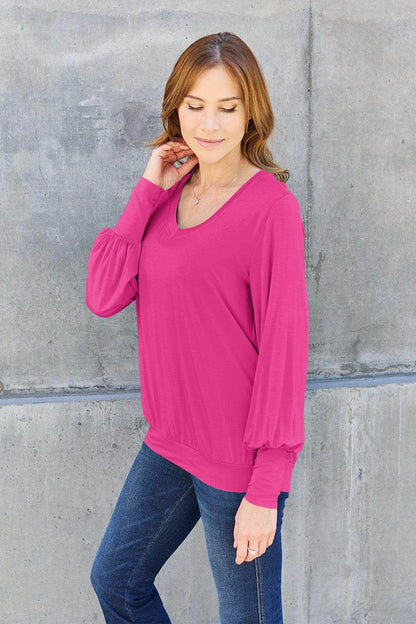 Basic Bae Full Size V-Neck Lantern Sleeve Top for Women - Selvanelle