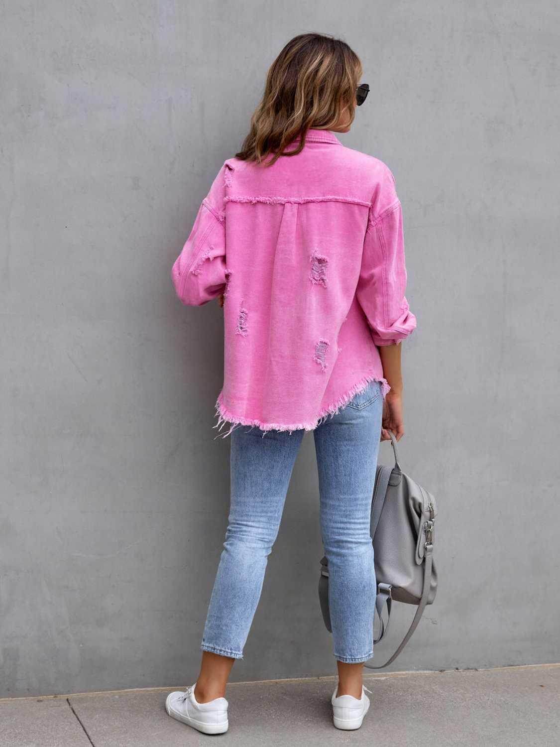 Distressed Drop Shoulder Denim Jacket for Casual Style - Selvanelle