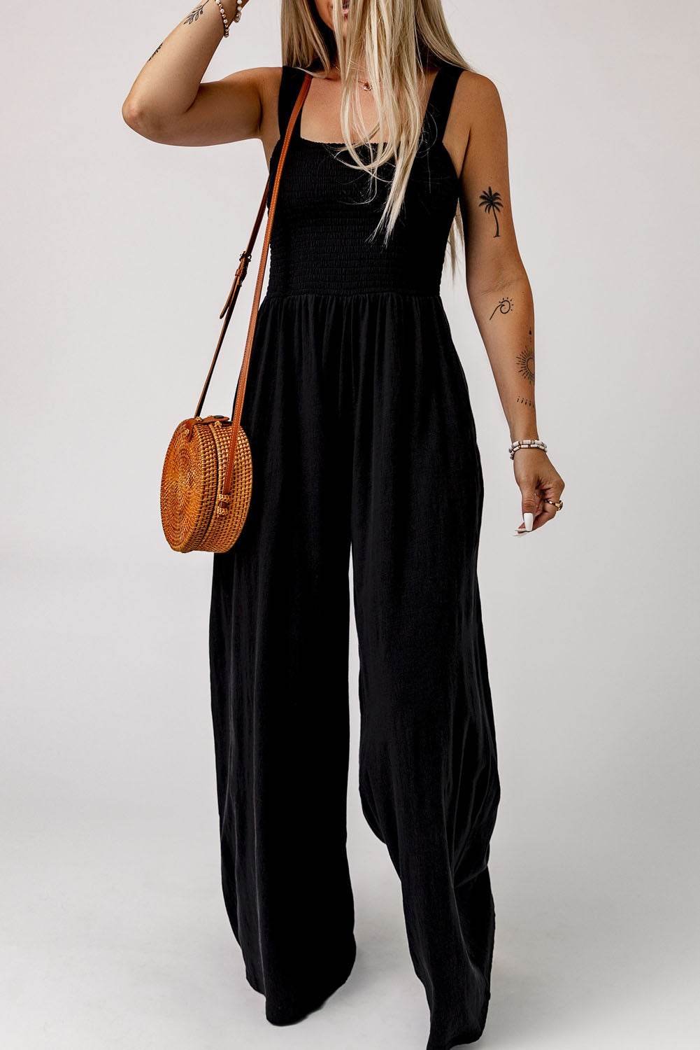 Smocked Square Neck Wide Leg Jumpsuit with Pockets - Selvanelle