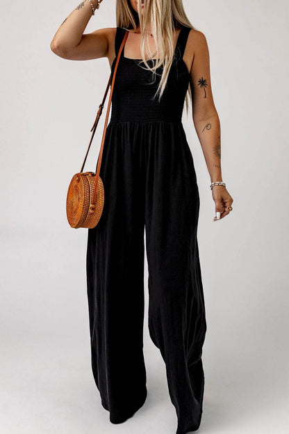 Smocked Square Neck Wide Leg Jumpsuit with Pockets - Selvanelle