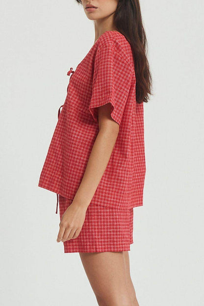 Plaid Tied Scoop Neck Short Sleeve Top and Drawstring Shorts Set - Selvanelle