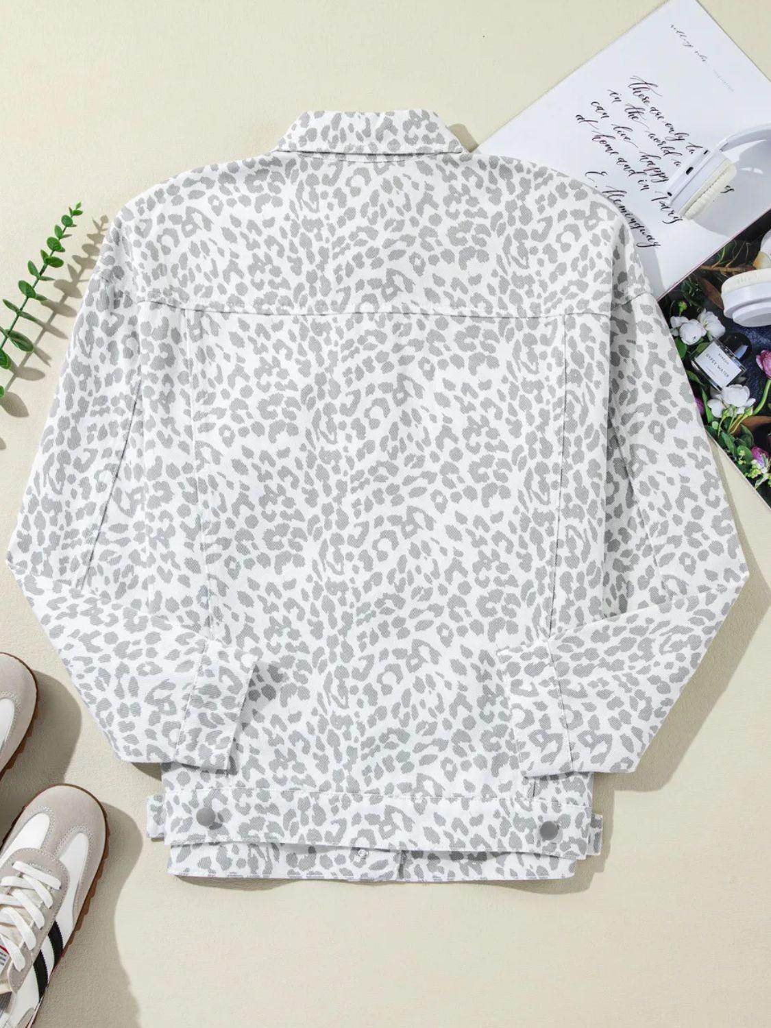 Leopard Button Up Long Sleeve Denim Jacket for Women - Selvanelle