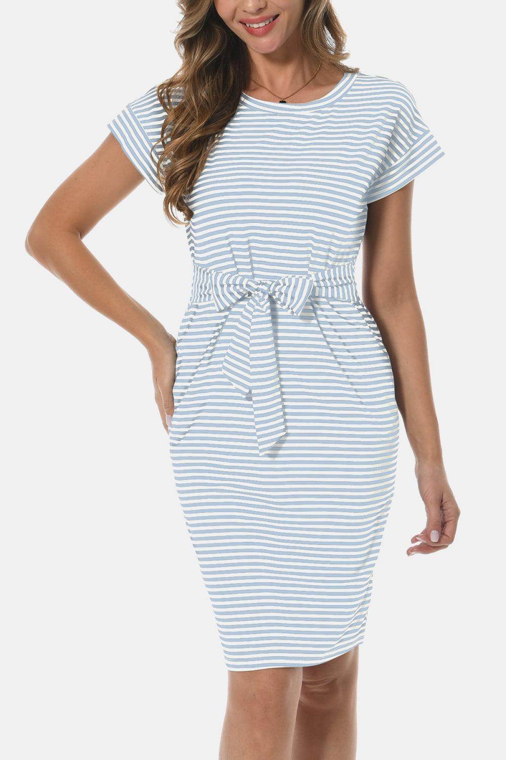 Tie Front Round Neck Short Sleeve Dress for Women - Selvanelle