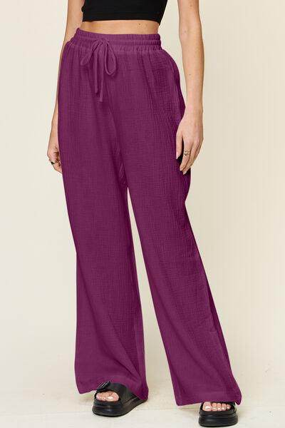 Double Take Full Size Texture Drawstring Wide Leg Pants - Selvanelle