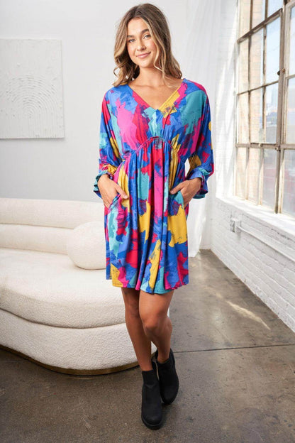 White Birch Full Size Printed V-Neck Mini Dress for Women - Selvanelle