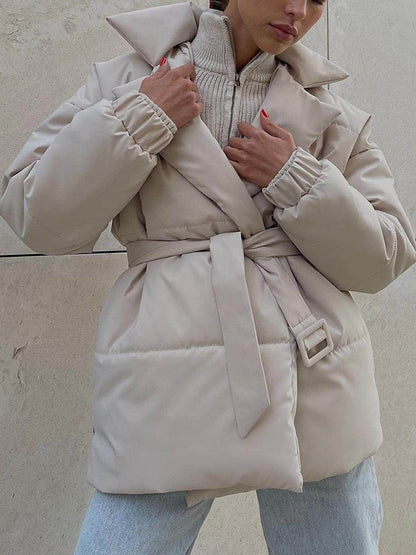 Puffer Long Sleeve Winter Coat with Belt for Women - Selvanelle