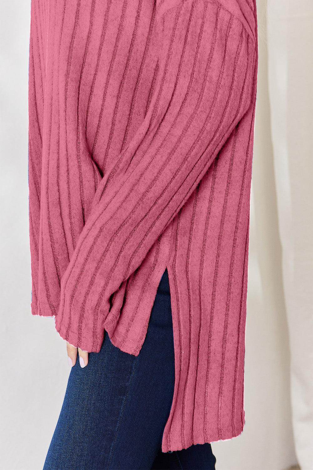 Basic Bae Full Size Ribbed Half Button Long Sleeve T-Shirt - Selvanelle