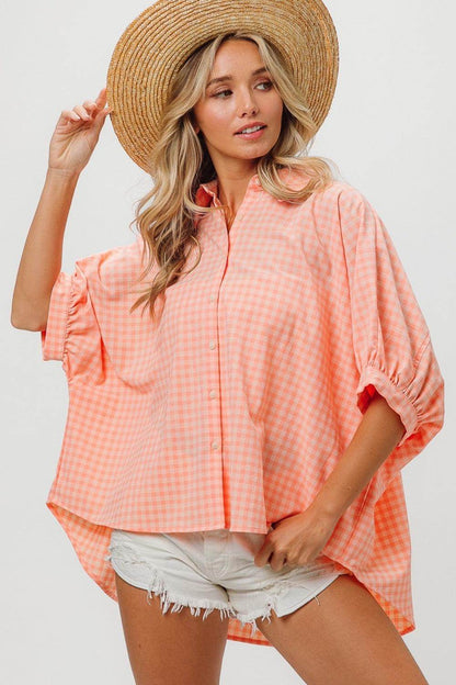 BiBi Plaid Button Up Dolman Sleeve Shirt for Women Fashion - Selvanelle