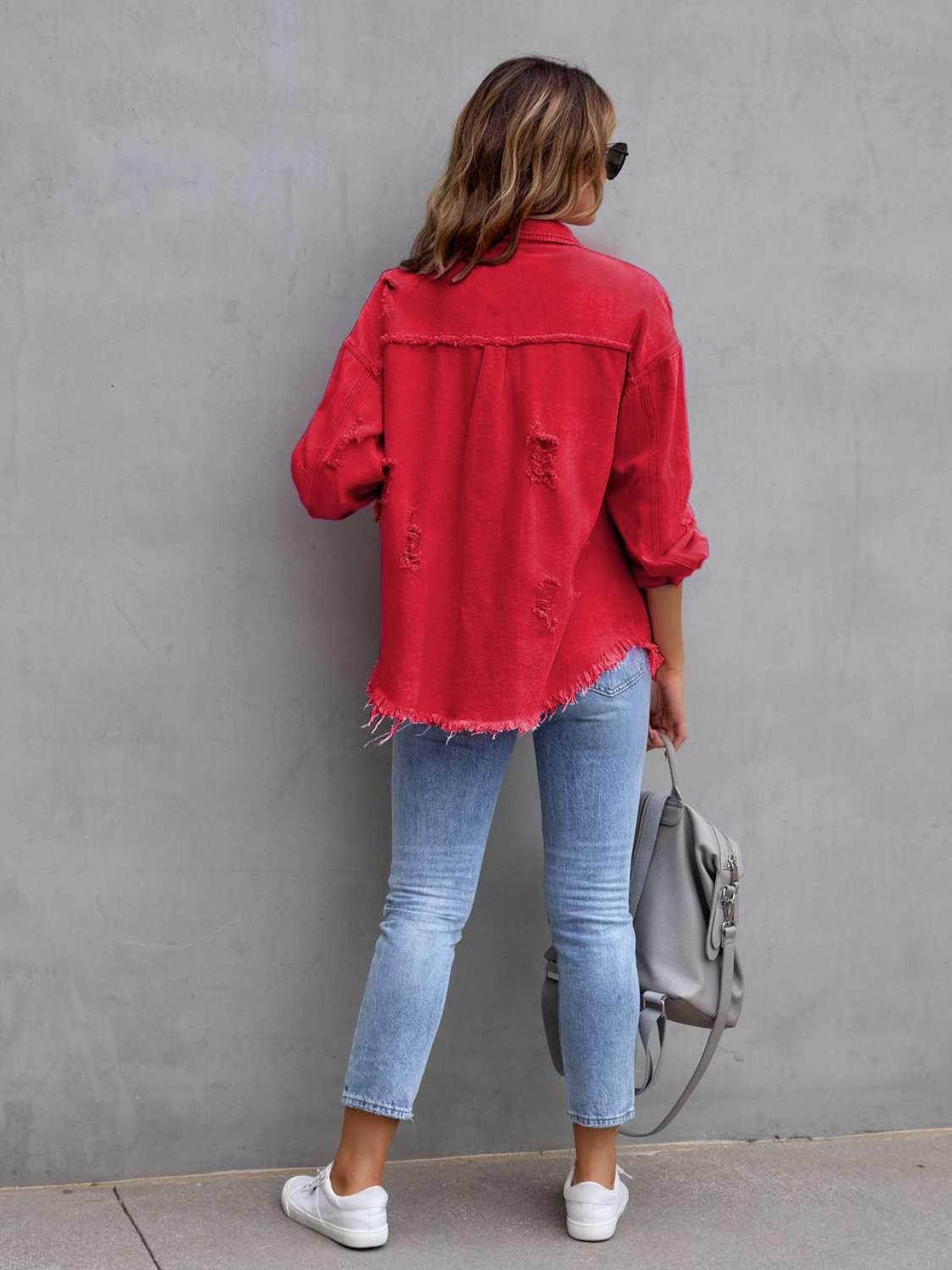 Distressed Drop Shoulder Denim Jacket for Casual Style - Selvanelle