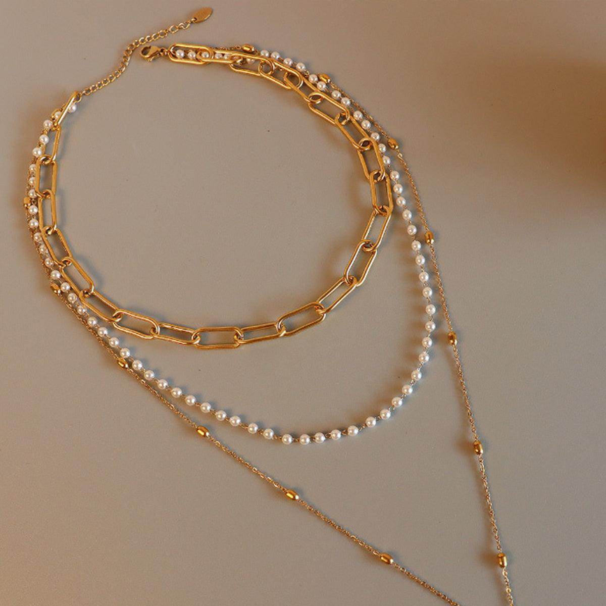 Synthetic Pearl Titanium Steel Three-Layered Necklace for Women - Selvanelle