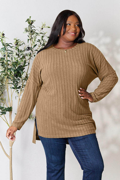 Basic Bae Full Size Ribbed Round Neck Long Sleeve Slit Top - Selvanelle