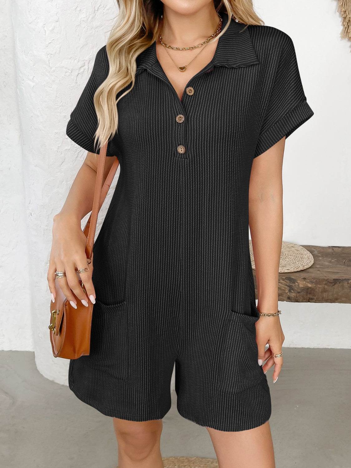 Button Detail Collared Neck Short Sleeve Romper - Selvanelle