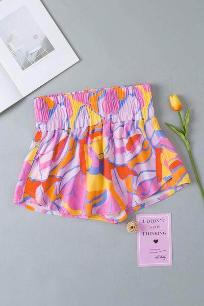 Contrast Print Elastic Waist High Waist Shorts for Women - Selvanelle