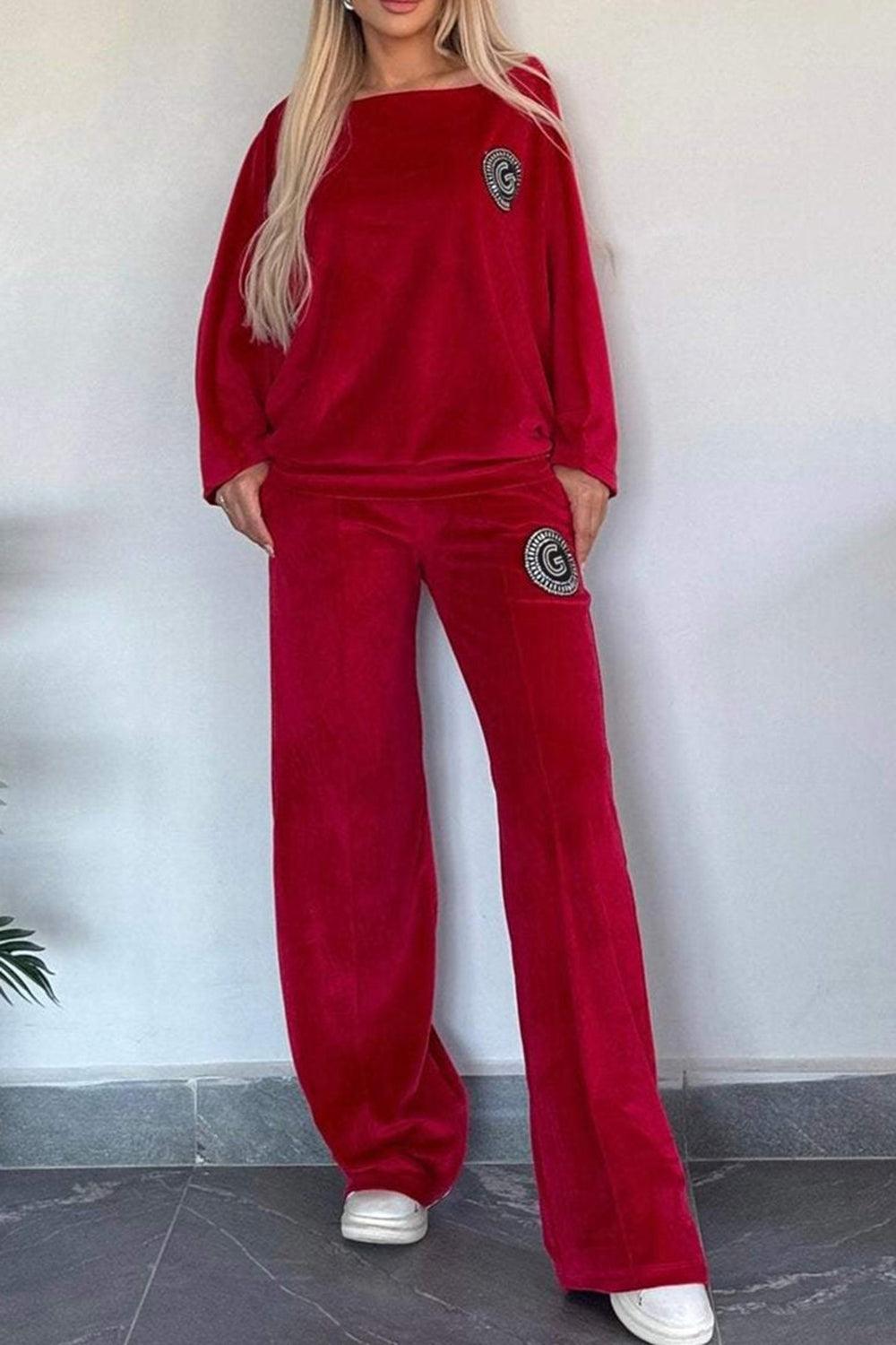 Full Size Boat Neck Long Sleeve Top and Pants Set Outfit