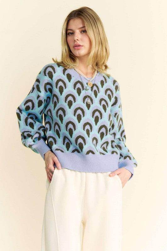 Davi & Dani Scale Jacquard Round Neck Drop Shoulder Sweater - Selvanelle