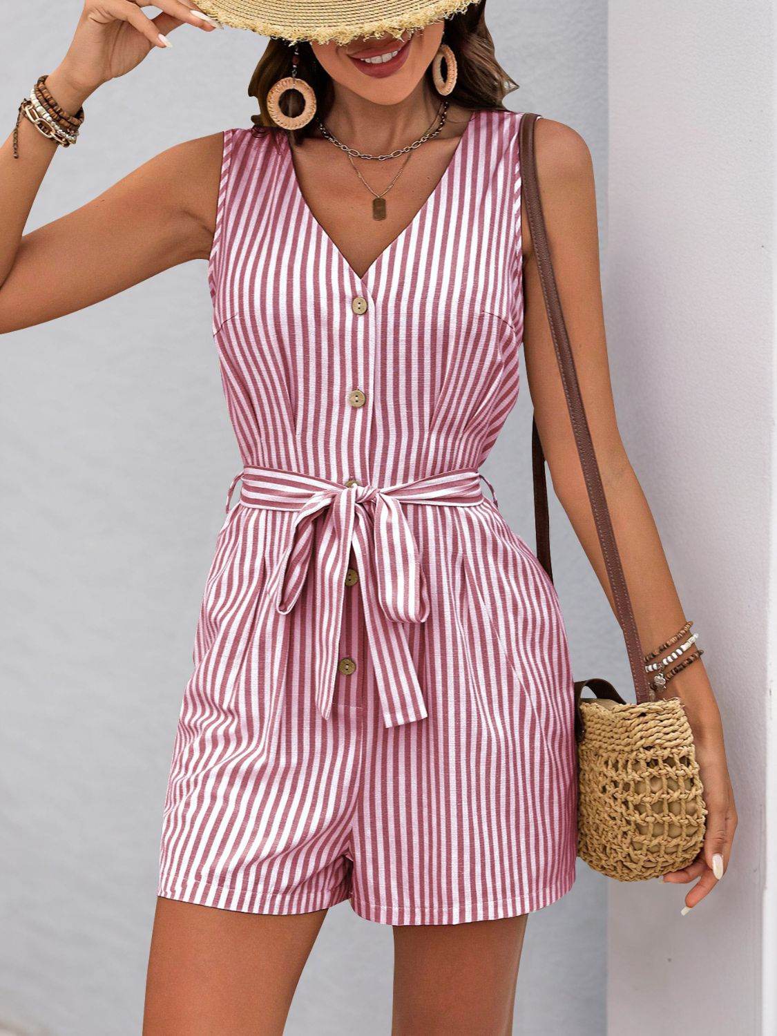 Perfee Striped V-Neck Tie Waist Romper - Selvanelle
