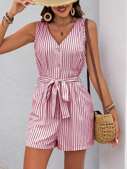 Perfee Striped V-Neck Tie Waist Romper - Selvanelle