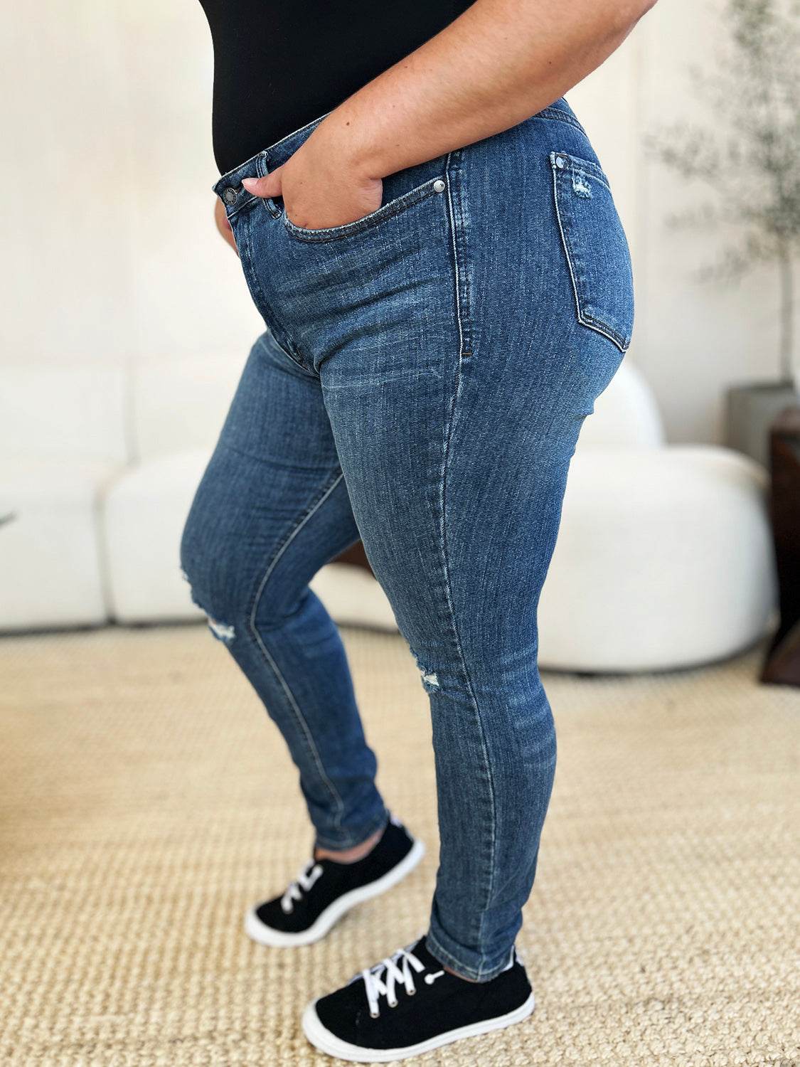 Judy Blue Full Size Mid Waist Distressed Slim Jeans For Women - Selvanelle