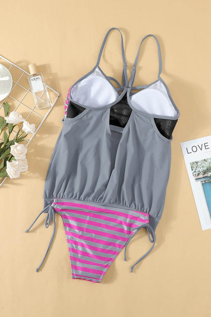 Crisscross Striped Spaghetti Strap Tankini Set - Selvanelle