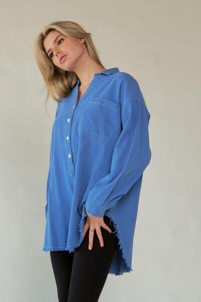 Davi & Dani Letter Back Raw Hem Half Button Shirt Chic - Selvanelle