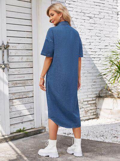 Button Up Dropped Shoulder Denim Dress for Casual Style - Selvanelle