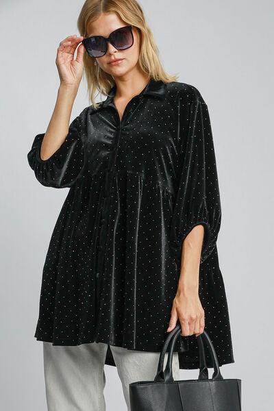 Umgee Full Size Polka Dot Button Up Half Sleeve Shirt - Selvanelle