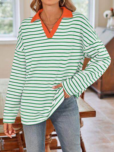 Lovelet Striped Johnny Collar Long Sleeve T-Shirt for Women - Selvanelle