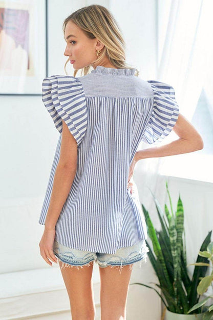 First Love Full Size Striped Flutter Sleeve Blouse for Women - Selvanelle