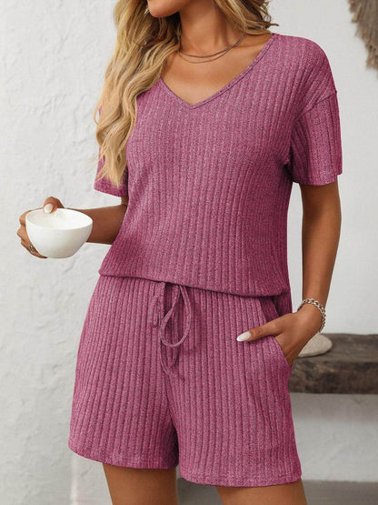 Mandy V-Neck Short Sleeve Top and Shorts Set for Women - Selvanelle