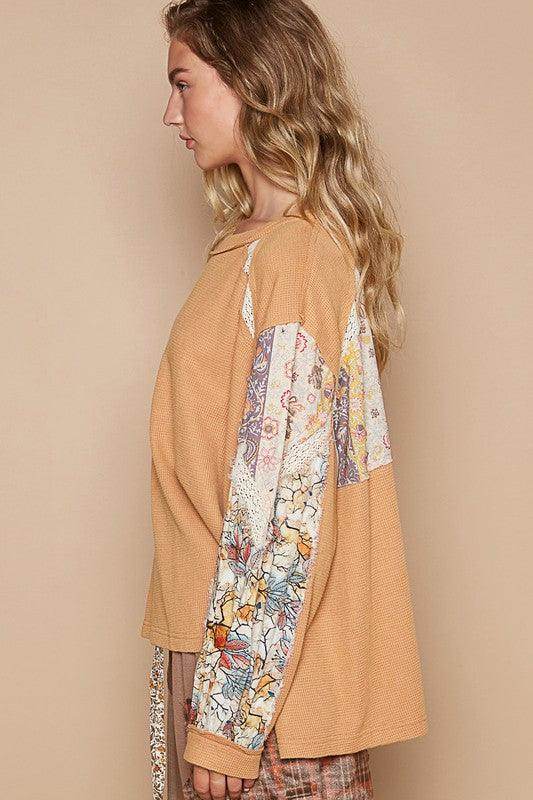POL Waffle-Knit Lace Detail Round Neck Top for Women - Selvanelle