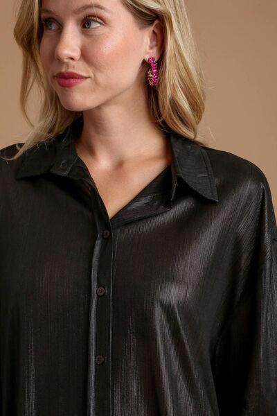 Umgee Side Slit Button Up Long Sleeve Shirt for Women - Selvanelle