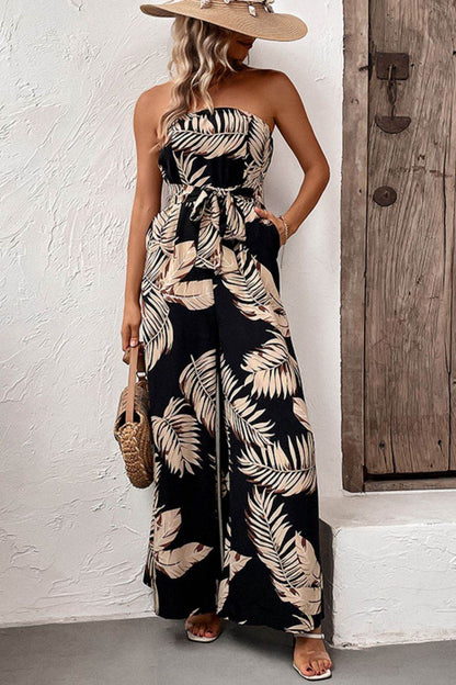 Perfee Printed Strapless Wide Leg Jumpsuit with Pockets - Selvanelle