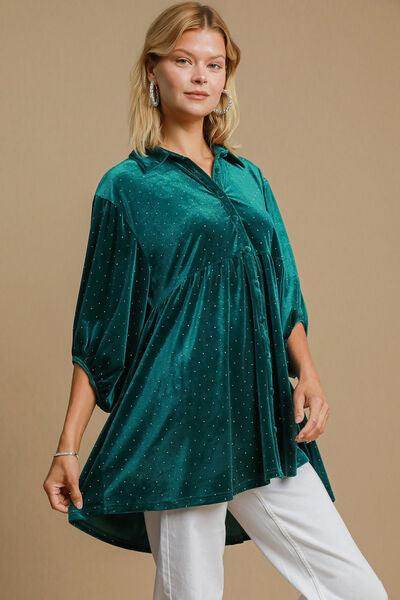 Umgee Full Size Polka Dot Collared Neck Button Up Shirt - Selvanelle
