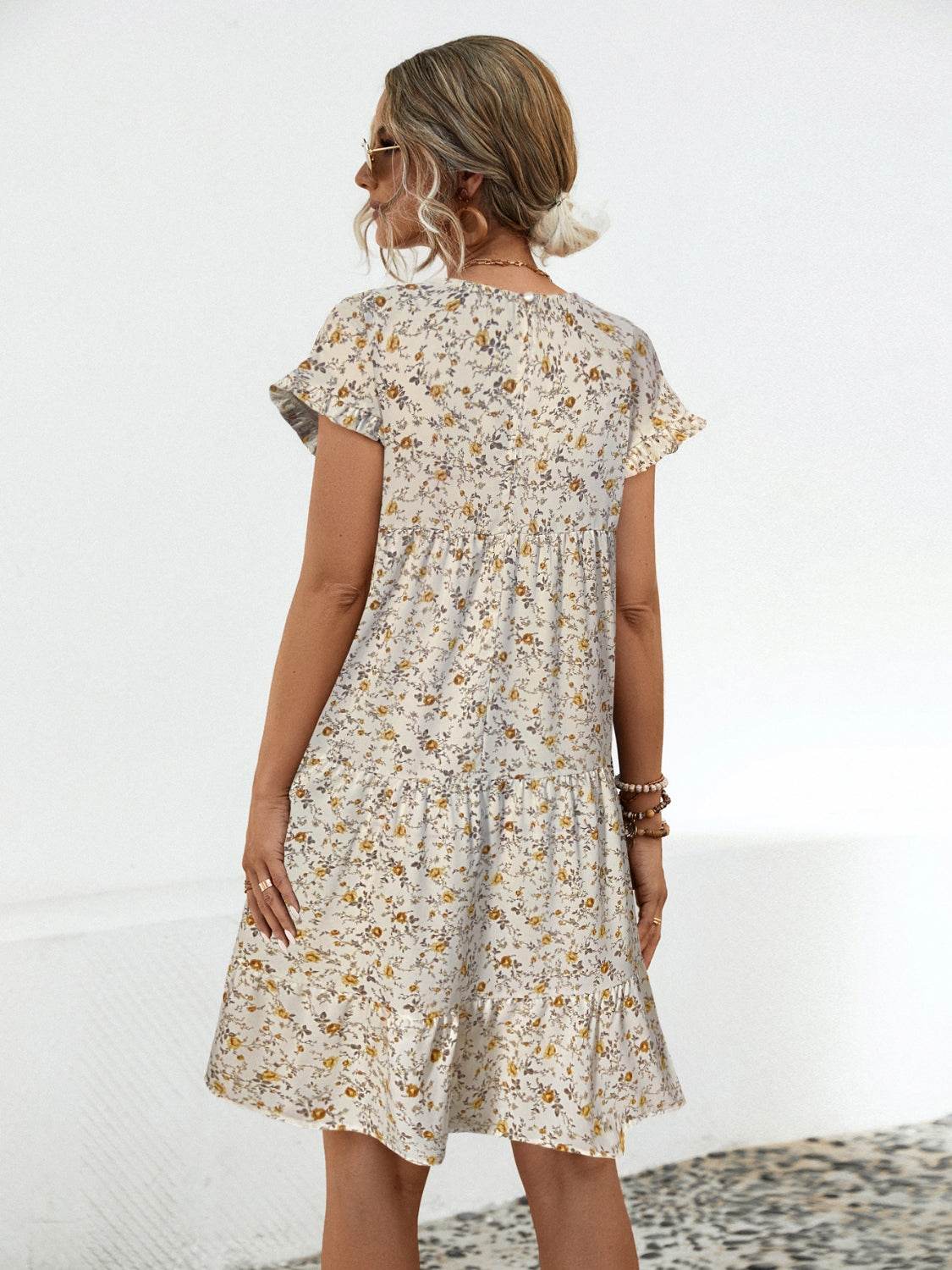 Frill Floral Round Neck Short Sleeve Tiered Dress - Selvanelle
