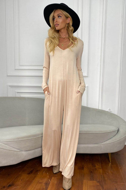 Shiny Long Sleeve V-Neck Jumpsuit with Pockets - Selvanelle