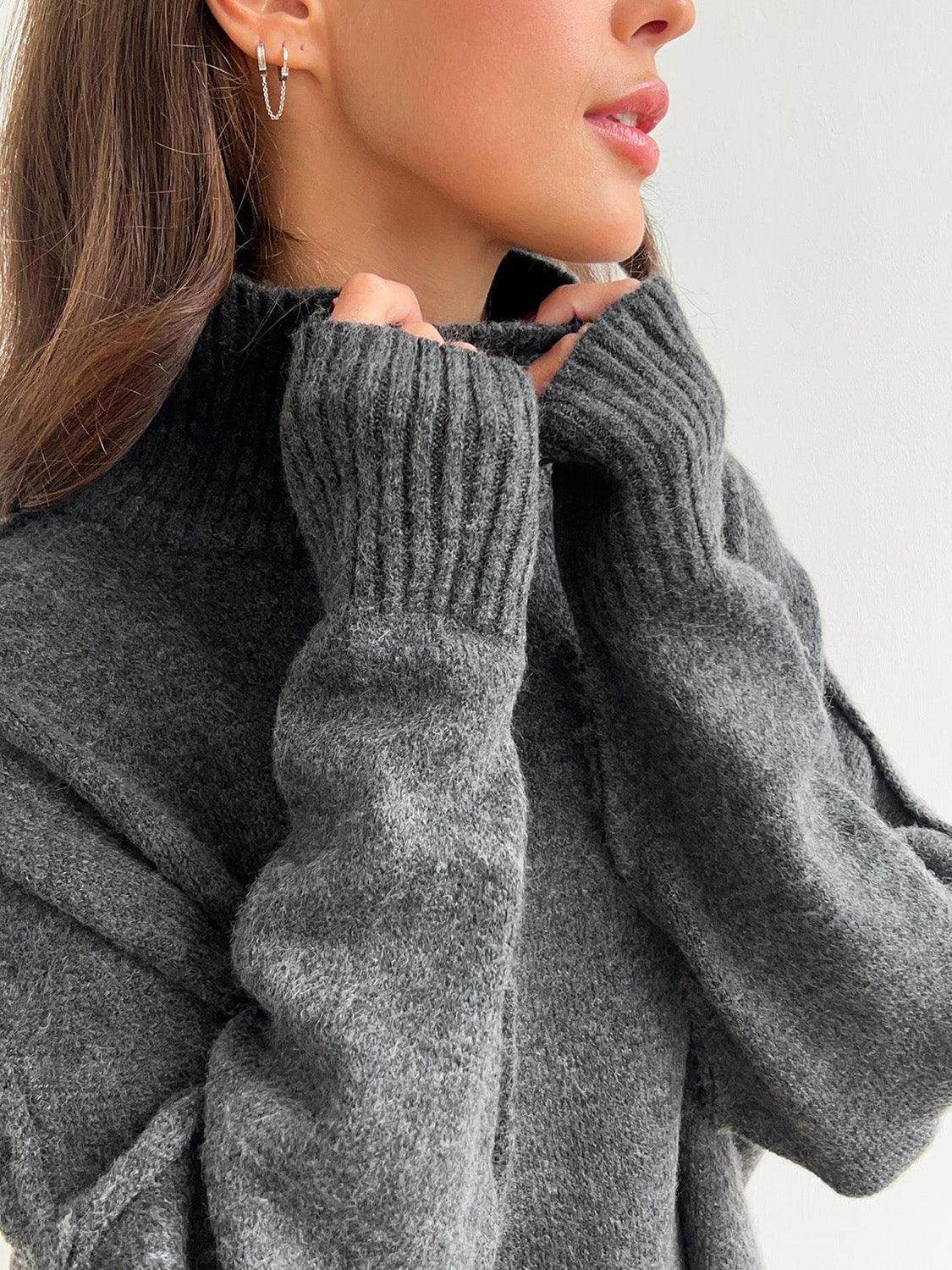 Slit Turtleneck Long Sleeve Top and Pants Sweater Set Outfit - Selvanelle