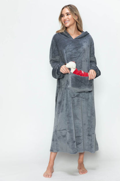 Double Take Full Size Pocketed Hooded Midi Lounge Dress - Selvanelle