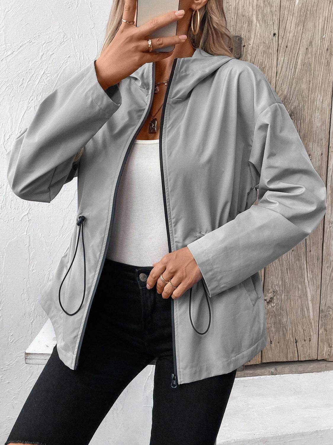 Ivy Lane Drawstring Zip Up Hooded Jacket for Women - Selvanelle