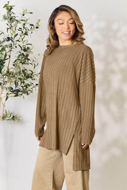 Basic Bae Full Size Ribbed Round Neck Long Sleeve Slit Top - Selvanelle