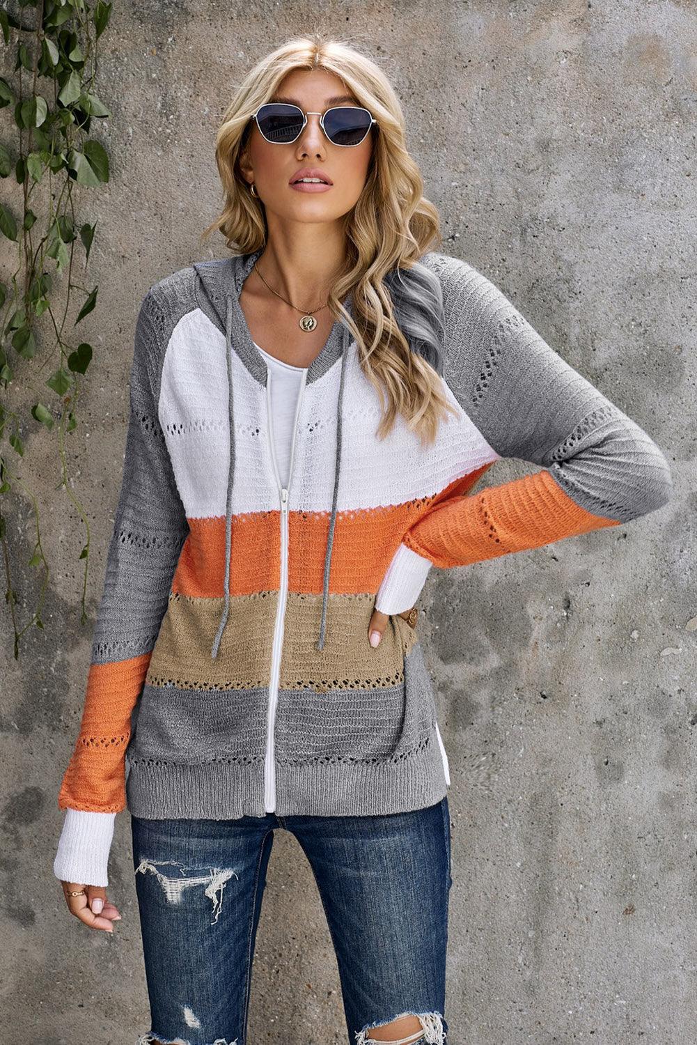 Zip-Up Raglan Sleeve Openwork Hooded Cardigan for Women