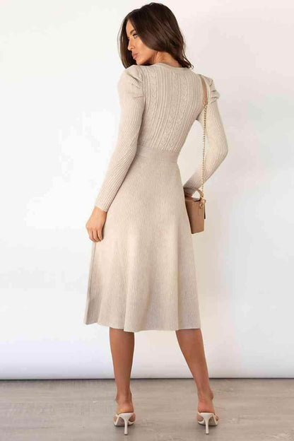 Round Neck Long Sleeve Tie Waist Sweater Dress for Women - Selvanelle