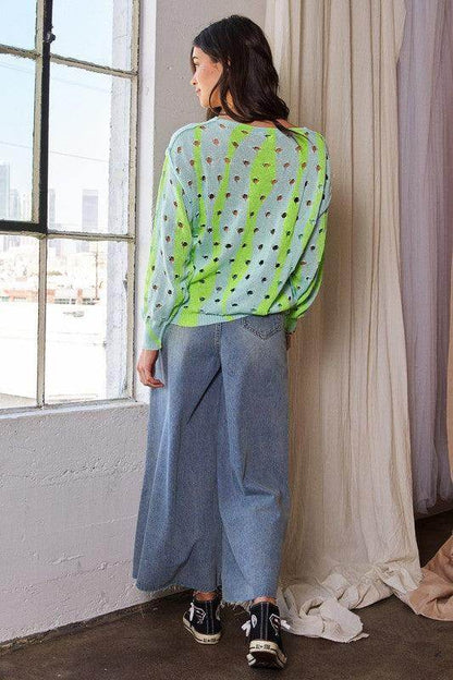 Davi & Dani Two-Tone Ribbed Hem Openwork Knit Top Style - Selvanelle